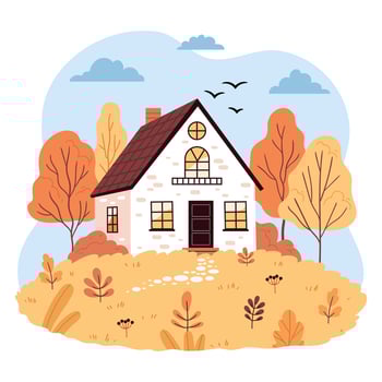 Cute autumn house.Fall season landscape, countryside scenery, autumn mood. Rustic houses, cozy cottages illustration.Flat hand draw vector