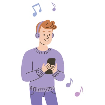 illustration of a young man listening to music with headphones and smartphone vector