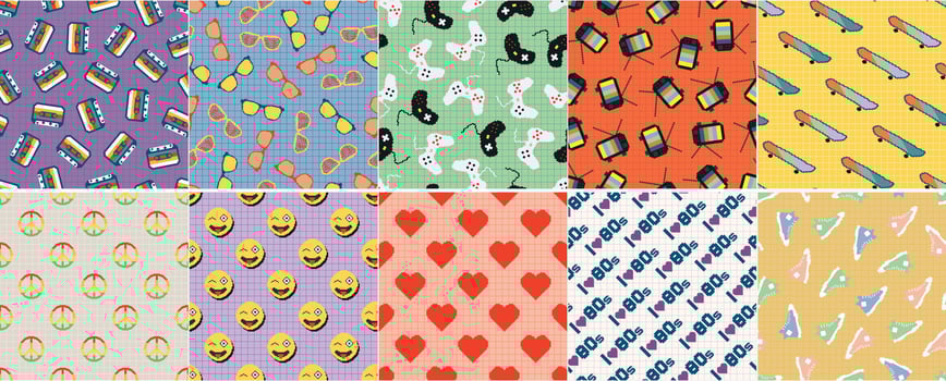 Collection of color seamless retro pattern - fashion style 80 - 90s. Abstract trendy backgrounds. Bright vintage endless prints vector