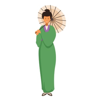 Young japanese woman wearing kimono holding traditional umbrella vector