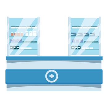 Pharmacy drugstore counter with medications displayed on shelves behind vector