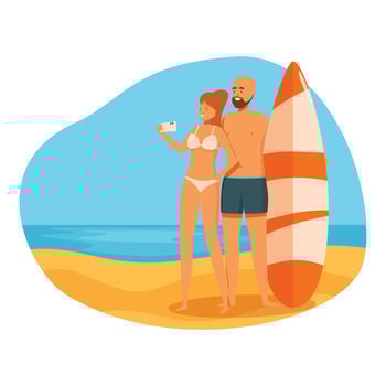 Couple taking selfie on beach with surfboard vector
