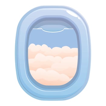 Airplane window showing blue sky and pink clouds during flight vector