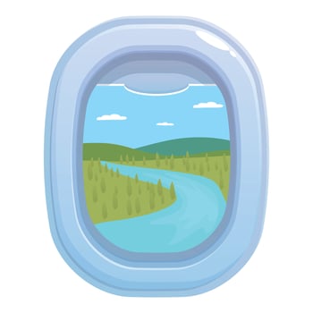 Airplane window showing winding river from passenger seat vector