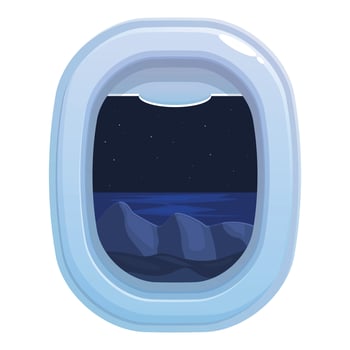 Airplane window showing mountains and sea at night vector