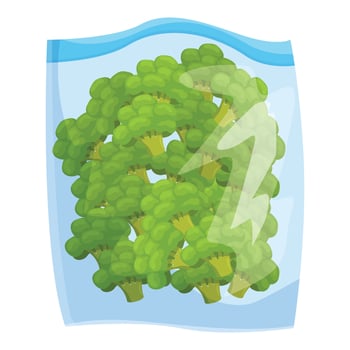 Fresh green broccoli florets packed in plastic bag for sale vector