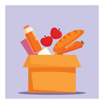 Donation box full of groceries for charity and volunteering concept vector