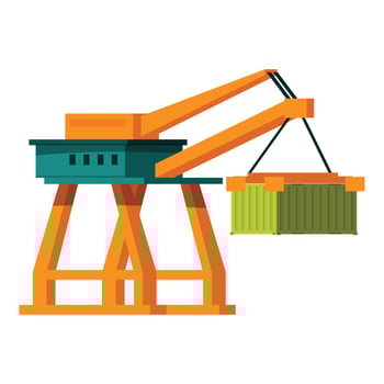 Port crane lifting cargo container, freight transportation and logistics vector