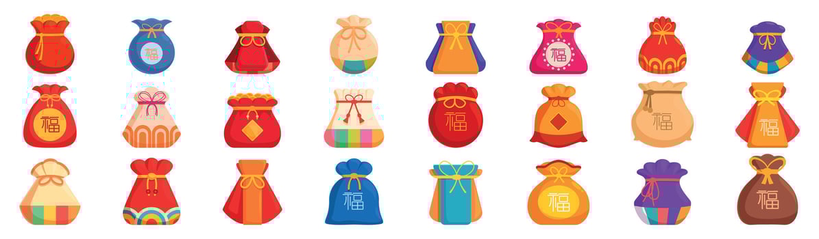 Chinese lucky bag icons set. Set of colorful lucky money bags for chinese new year celebration vector