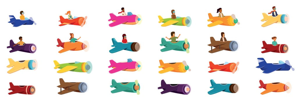 Kids flying plane icons set. Pilots flying colorful airplanes, enjoying flight and aviation vector