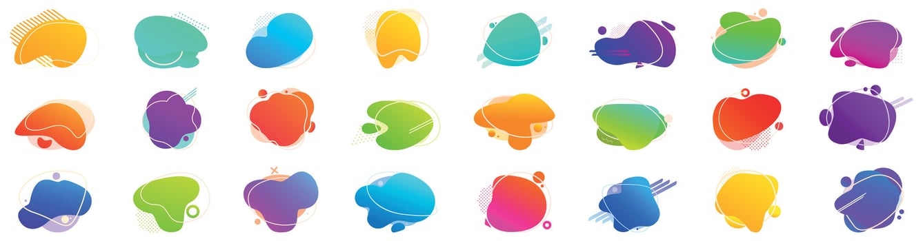 Vivid blob icons set. Collection of modern abstract liquid shapes with a gradient of colors and a white outline vector