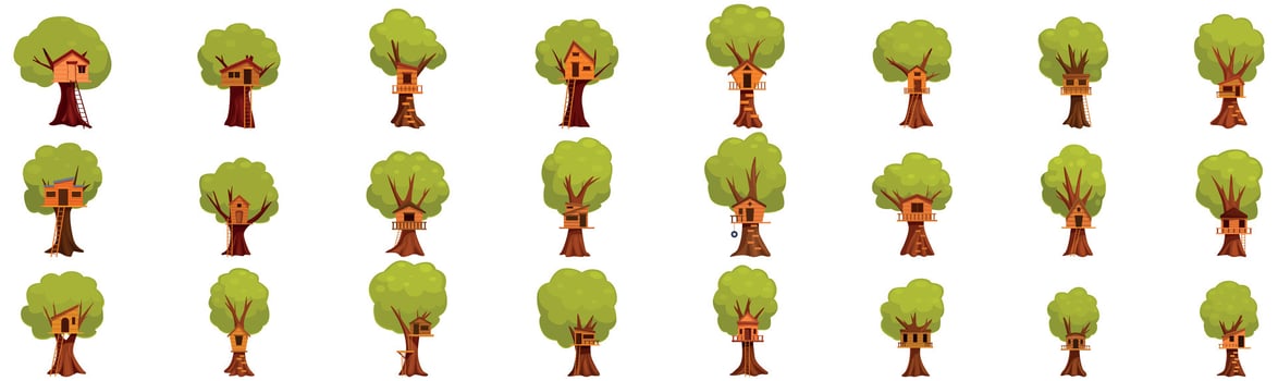 Treehouse icons set. Collection of tree houses for playing kids is standing on white background vector