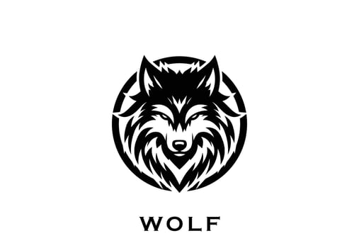 Stylized black wolf head logo, perfect for branding, with intricate fur patterns. vector