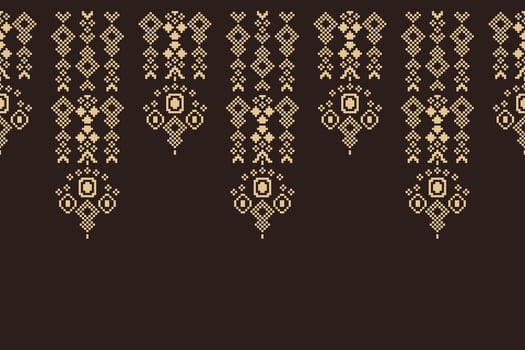 Traditional black ethnic motif ikat geometric fabric pattern cross stitch.Ikat embroidery Ethnic oriental Pixel brown background.Texture,decoration,wallpaper. vector