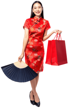 Chinese Girl wearing Red Cheongsam Chinese traditional dress Happy shopping png