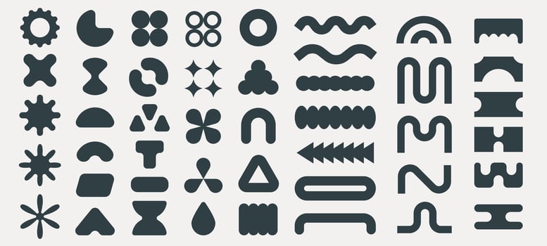 Modern geometric shapes. Minimalist abstract figures, brutalist 3D basic shapes and lines, minimal modern simple forms. collection. Bauhaus and y2k poster style trendy primitive figures vector