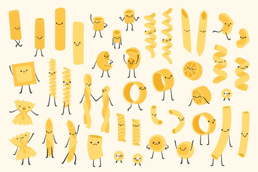 Cartoon pasta characters. Cute funny Italian food mascots with happy faces, different types of macaroni and spaghetti, noodle, penne, fusilli and rigatoni, funny ravioli. isolated set. vector
