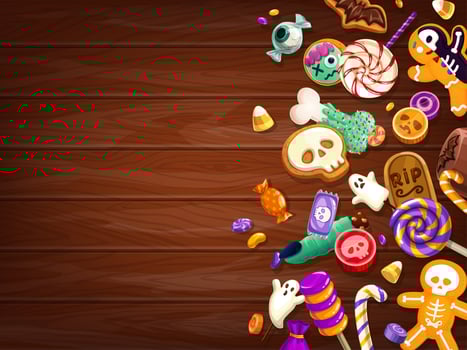 Halloween candies on wooden desk, trick or treat vector