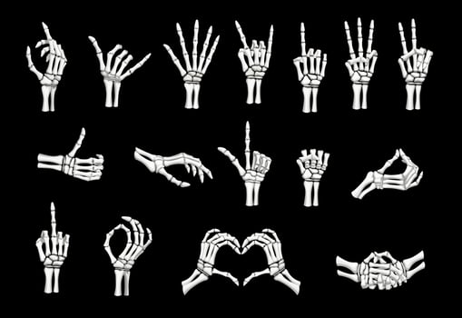 Skeleton hand gestures, peace, rock, heart signs vector