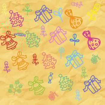 A pattern design featuring gift boxes, flowers, leaves, and trees, set against a paper-like background in various colors. The elements are arranged in a harmonious layout vector