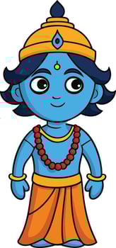 cartoon krishna, the lord of the universe, in blue and orange vector