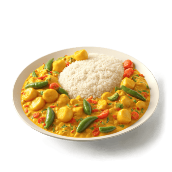 Vegetable curry colorful medley in creamy golden sauce basmati rice mound isolated on transparent Food png