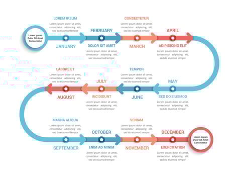 Timeline infographics template with 12 months, workflow, process chart vector