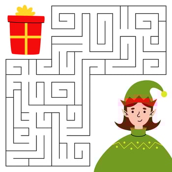 Christmas maze game for kids. Cute elf looking for a way to the gift. Printable worksheet with solution for school and preschool. vector