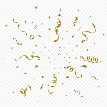 Golden confetti and party tinsel explosion. Party, anniversary, birthday celebration elements falling in the background. Birthday celebration gold foil and confetti. vector
