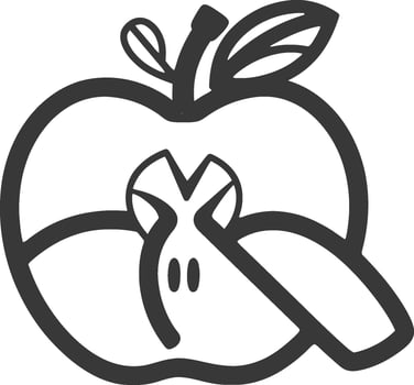 An apple with a knife in it is shown in a line drawing vector