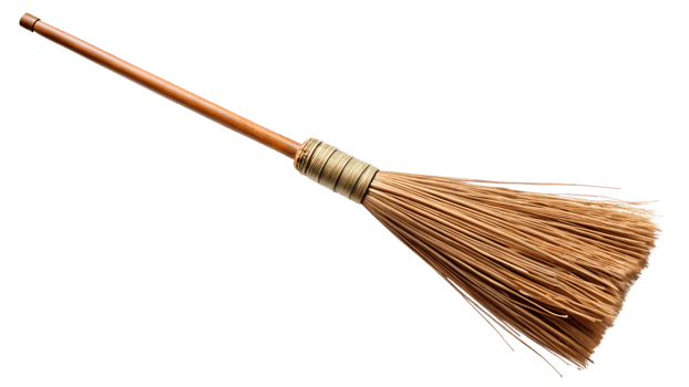 Handcrafted wooden broom with straw bristles png