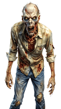 Skeletal zombie with visible ribs, cut out transparent png