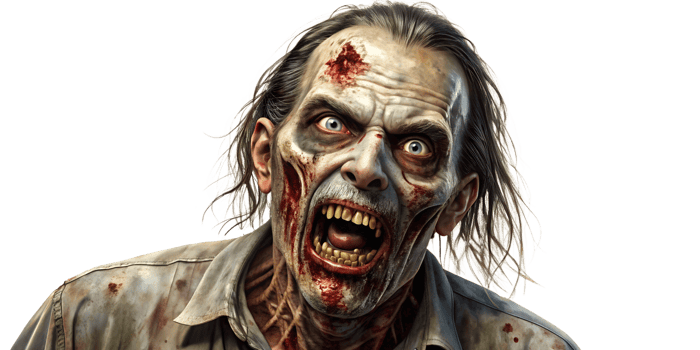 Terrifying zombie face with blood and wounds, cut out transparent png