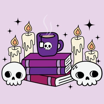 Halloween spooky cute a stack of books, skulls, candles, and a tea mug with a skull Clipart for book lovers decorating invitations, greeting cards, celebration cards, posters, stickers, crafts vector