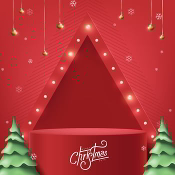 Merry Christmas banner with red product display Retro light bulbs sign background and festive decoration for christmas vector