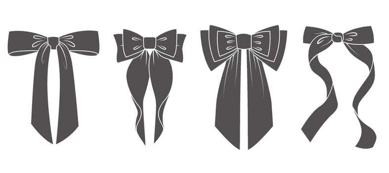 Ribbon bow with knot for gift and hair. Icons and doodle black silhouette. Hand drawn flat design for birthday and Christmas holidays presents decoration. Fashion elements accessories. vector