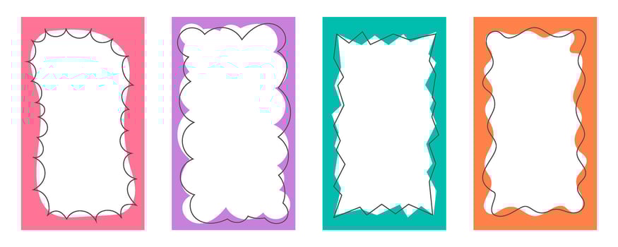 Wavy border frame. Scalloped rectangle fun shape. Hand drawn kids box for picture and photo. Cartoon doodle abstract color template with wiggle edge. Curvy Y2K decoration. vector