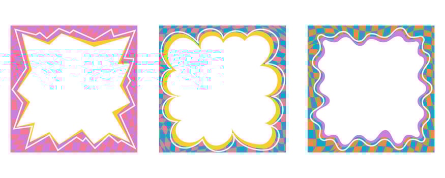 Wavy scallop border. Square fun wavy chessboard frame. Cartoon hand drawn shapes for text picture and photo. Doodle groovy psychedelic template. Abstract funky y2k squiggle checkered bubble vector