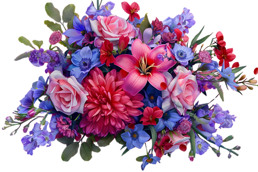 Vibrant Bouquet of Pink Roses, Blue Delphiniums, and Red Dahlias with a Transparent Background png
