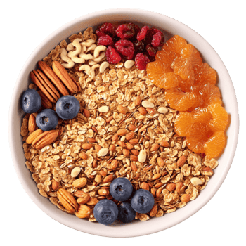 Wholesome granola in see through bowl oats tumbling nuts spinning dried fruit falling honey drizzling png