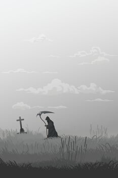 Angel of Death in graveyard monochromatic minimalism landscape graphic illustration have blank space at sky. vector