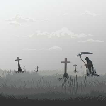 Angel of Death in graveyard in foggy day monochromatic minimalism landscape graphic illustration have blank space. vector