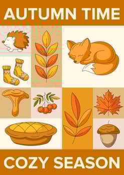Autumn modern geometric vertical poster a4, cozy fall elements from cute hedgehog, sleeping fox, chanterelle, pumpkin pie, acorn. Seasonal minimalist background for cover, banner, festival vector