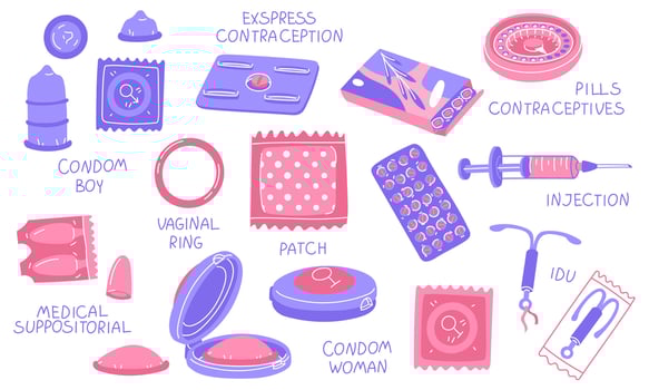 Birth control items. A set of colored flat contraceptive icons in blue and pink. Protection of men and women. A horizontal banner with names and elements about safe sex. Isolated items vector