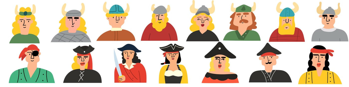 People in Viking and pirate costumes. Avatars. Flat graphic design. Party Masquerade. Illustrations on white background. vector