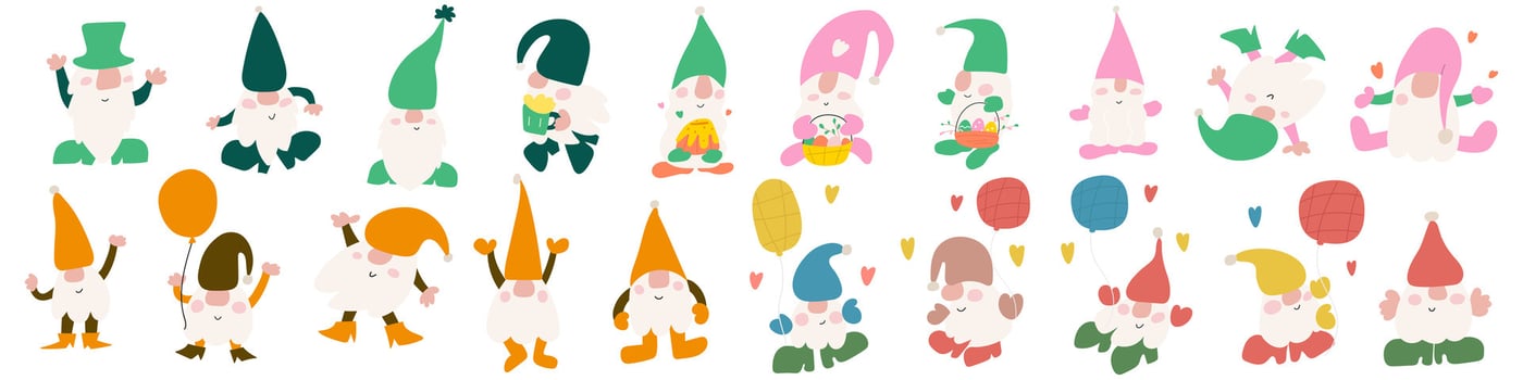 Big set of cute funny gnomes. Different holidays. Easter, Halloween, St. Patrick's day, St. Valentine's day. Hand drawn illustrations on white background. vector