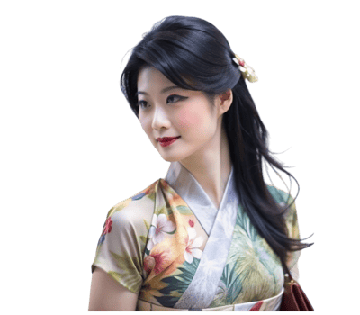 Elegant woman with traditional floral kimono and hair accessory png