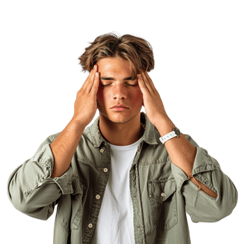 A young man is holding his head in his hands, looking tired and stressed png