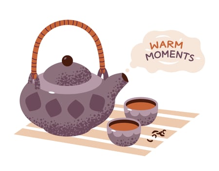 A teapot with mugs of tea and the slogan Warm moments. Traditional tea drinking. vector