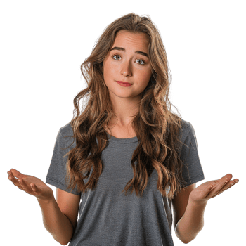 A girl with long brown hair is wearing a gray shirt and looking confused png